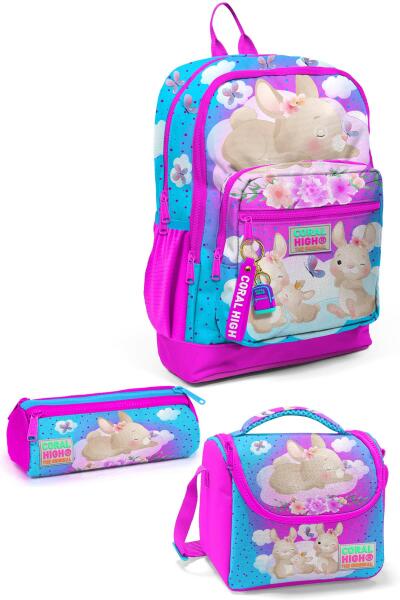 Coral High Kids Mavi Pembe Tavşan Desenli 3’lü Okul Çanta Seti SET0123736 - 1