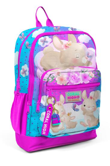 Coral High Kids Mavi Pembe Tavşan Desenli Dört Bölmeli Okul Sırt Çantası 23736 