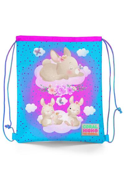 Coral High Kids Mavi Pembe Tavşan Desenli İpli Büzgülü Sırt Çantası 22436 - 1