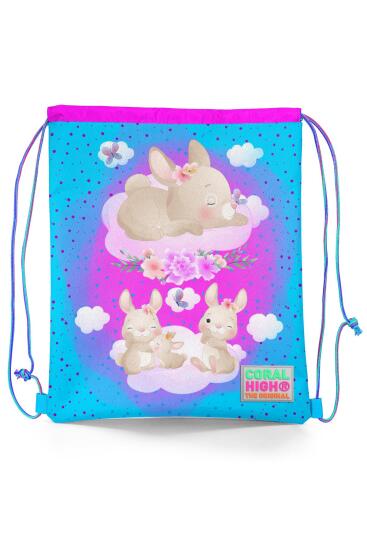 Coral High Kids Mavi Pembe Tavşan Desenli İpli Büzgülü Sırt Çantası 22436 - Coral High KIDS