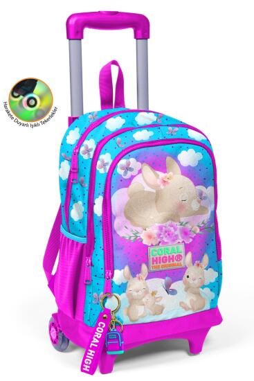 Coral High Kids Mavi Pembe Tavşan Desenli Üç Bölmeli Çekçekli Okul Sırt Çantası 23936 
