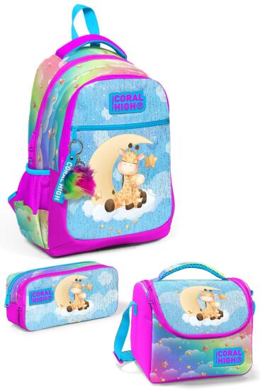 Coral High Kids Mavi Pembe Zürafa Desenli 3’lü Okul Çanta Seti SET0123479 