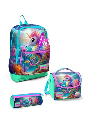 Coral High Kids Mavi Su Yeşili Denizatı Desenli 3’lü Okul Çanta Seti SET0123772 - Coral High