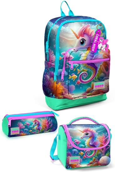 Coral High Kids Mavi Su Yeşili Denizatı Desenli 3’lü Okul Çanta Seti SET0123772 