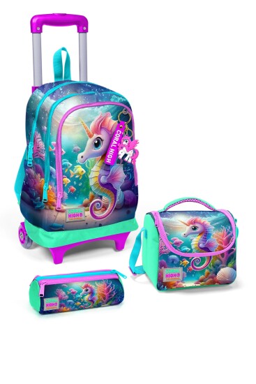 Coral High Kids Mavi Su Yeşili Denizatı Desenli 3’lü Okul Çanta Seti SET0123972 - Coral High