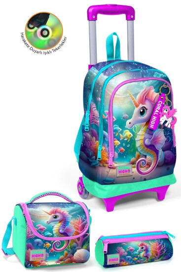 Coral High Kids Mavi Su Yeşili Denizatı Desenli 3’lü Okul Çanta Seti SET0123972 - Coral High