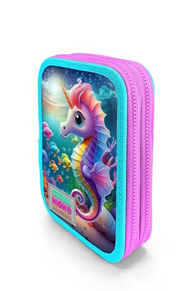 Coral High Kids Mavi Su Yeşili Denizatı Desenli Çift Katlı Kalem Çanta 11144 - 2