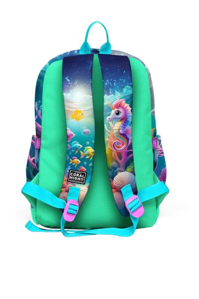 Coral High Kids Mavi Su Yeşili Denizatı Desenli Dört Bölmeli Okul Sırt Çantası 23772 - 2