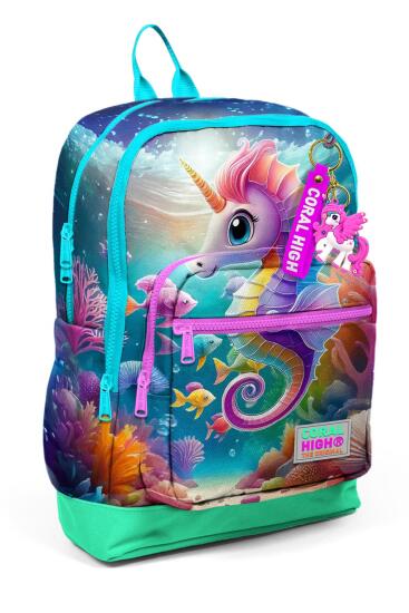 Coral High Kids Mavi Su Yeşili Denizatı Desenli Dört Bölmeli Okul Sırt Çantası 23772 