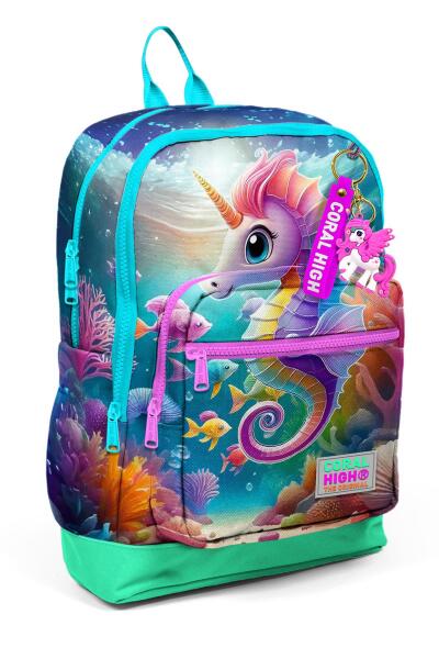 Coral High Kids Mavi Su Yeşili Denizatı Desenli Dört Bölmeli Okul Sırt Çantası 23772 - 1