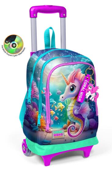 Coral High Kids Mavi Su Yeşili Denizatı Desenli Üç Bölmeli Çekçekli Okul Sırt Çantası 23972 - Coral High KIDS