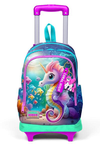 Coral High Kids Mavi Su Yeşili Denizatı Desenli Üç Bölmeli Çekçekli Okul Sırt Çantası 23972 - 8