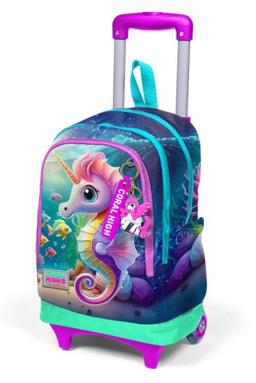 Coral High Kids Mavi Su Yeşili Denizatı Desenli Üç Bölmeli Çekçekli Okul Sırt Çantası 23972 - 6