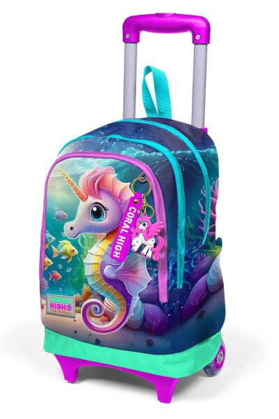 Coral High Kids Mavi Su Yeşili Denizatı Desenli Üç Bölmeli Çekçekli Okul Sırt Çantası 23972 - 6