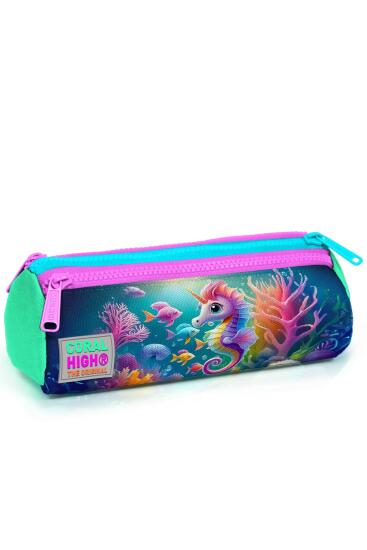 Coral High Kids Mavi Su Yeşili Denizatı Desenli Üç Bölmeli Kalem Çantası 22088 - Coral High KIDS