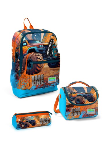 Coral High Kids Mavi Turuncu High Wheels Truck Desenli 3’lü Okul Çanta Seti SET0123778 - Coral High