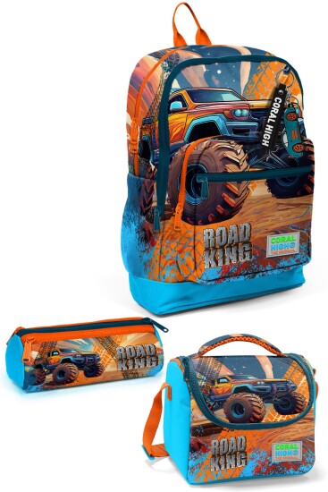 Coral High Kids Mavi Turuncu High Wheels Truck Desenli 3’lü Okul Çanta Seti SET0123778 - Coral High