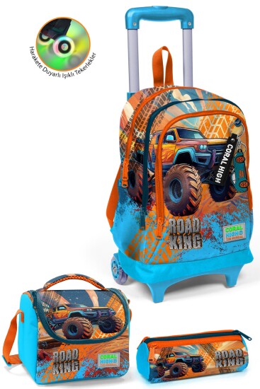 Coral High Kids Mavi Turuncu High Wheels Truck Desenli 3’lü Okul Çanta Seti SET0123978 - Coral High