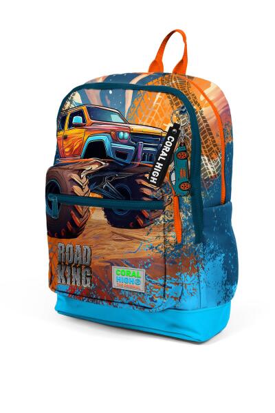 Coral High Kids Mavi Turuncu High Wheels Truck Desenli Dört Bölmeli Okul Sırt Çantası 23778 - 6