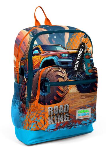 Coral High Kids Mavi Turuncu High Wheels Truck Desenli Dört Bölmeli Okul Sırt Çantası 23778 - Coral High KIDS