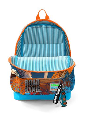 Coral High Kids Mavi Turuncu High Wheels Truck Desenli Dört Bölmeli Okul Sırt Çantası 23778 - 3