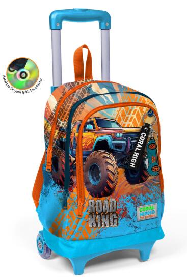 Coral High Kids Mavi Turuncu High Wheels Truck Desenli Üç Bölmeli Çekçekli Okul Sırt Çantası 23978 - Coral High KIDS