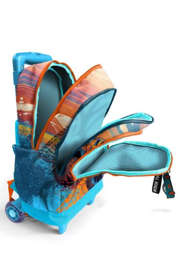 Coral High Kids Mavi Turuncu High Wheels Truck Desenli Üç Bölmeli Çekçekli Okul Sırt Çantası 23978 - 3