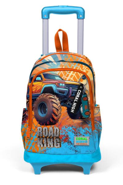 Coral High Kids Mavi Turuncu High Wheels Truck Desenli Üç Bölmeli Çekçekli Okul Sırt Çantası 23978 - 8