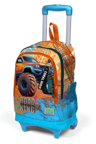 Coral High Kids Mavi Turuncu High Wheels Truck Desenli Üç Bölmeli Çekçekli Okul Sırt Çantası 23978 - 6