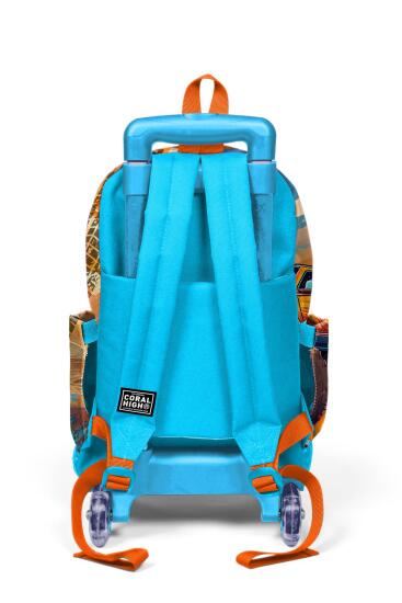 Coral High Kids Mavi Turuncu High Wheels Truck Desenli Üç Bölmeli Çekçekli Okul Sırt Çantası 23978 - 4