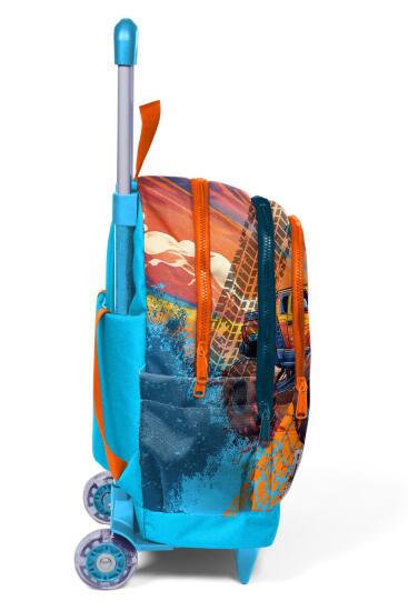 Coral High Kids Mavi Turuncu High Wheels Truck Desenli Üç Bölmeli Çekçekli Okul Sırt Çantası 23978 - 7