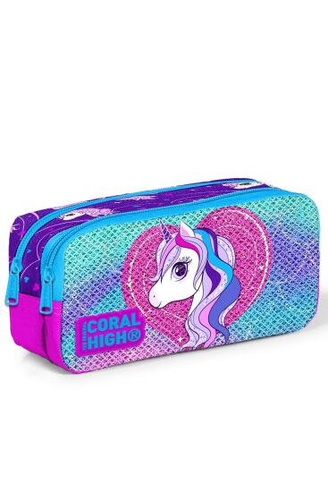 Coral High Kids Mor Pembe Unicorn Desenli Simli İki Bölmeli Kalem Çantası 22397 
