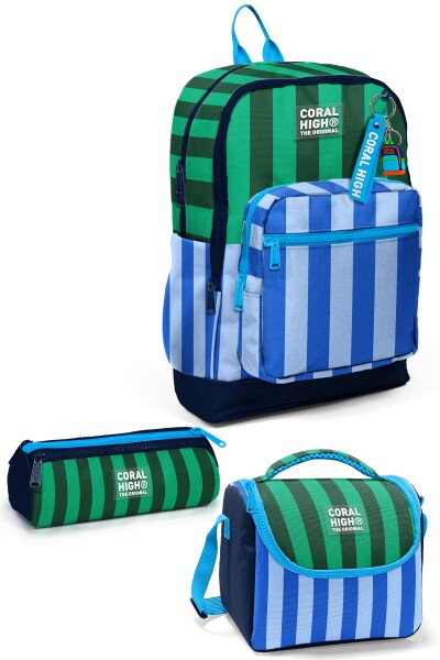 Coral High Kids Mavi Yeşil Çizgi Desenli 3 lü Okul Sırt Çanta Seti SET0133211 - 1