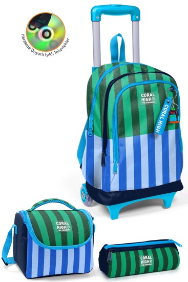 Coral High Kids Mavi Yeşil Çizgili Çekçekli 3'lü Çanta Seti SET0134011 