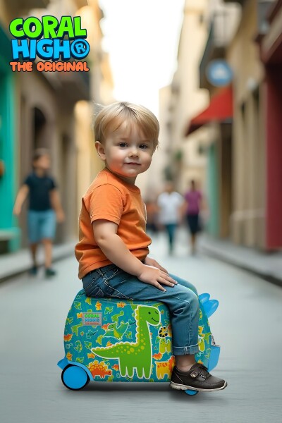 Coral High Kids Mavi Yeşil Dinozor Desenli Otur-Çek Çocuk Valizi 16361 - 2