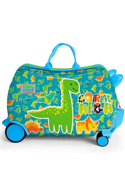 Coral High Kids Mavi Yeşil Dinozor Desenli Otur-Çek Çocuk Valizi 16361 - 3