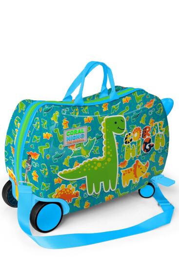 Coral High Kids Mavi Yeşil Dinozor Desenli Otur-Çek Çocuk Valizi 16361 - 5