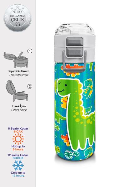 Coral High Kids Mavi Yeşil Dinozor Desenli Pipetli ve Direkt İçim Çelik Termos 500 ml 31798 - 1