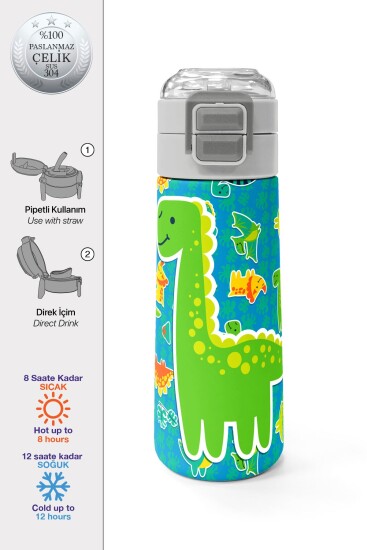 Coral High Kids Mavi Yeşil Dinozor Desenli Pipetli ve Direkt İçim Çelik Termos 500 ml 31798 