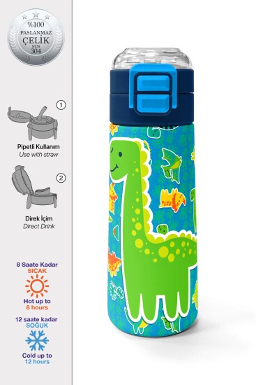 Coral High Kids Mavi Yeşil Dinozor Desenli Pipetli ve Direkt İçim Çelik Termos 500 ml 31798 - Coral High KIDS