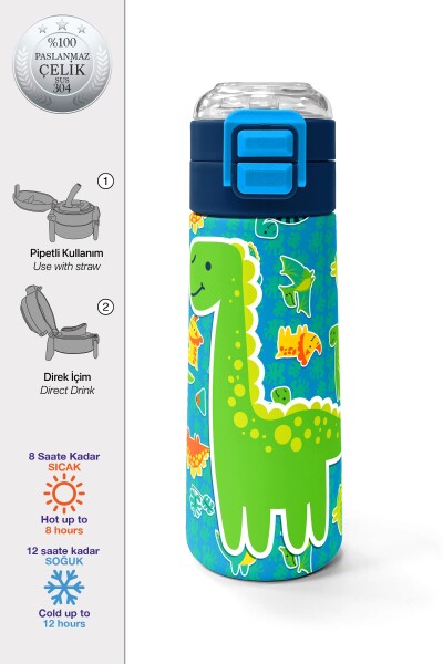 Coral High Kids Mavi Yeşil Dinozor Desenli Pipetli ve Direkt İçim Çelik Termos 500 ml 31798 - 1