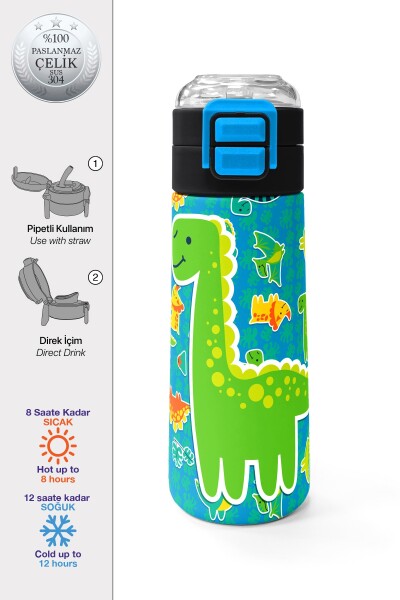 Coral High Kids Mavi Yeşil Dinozor Desenli Pipetli ve Direkt İçim Çelik Termos 500 ml 31798 - 1