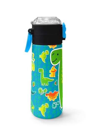 Coral High Kids Mavi Yeşil Dinozor Desenli Pipetli ve Direkt İçim Çelik Termos 500 ml 31798 - 2