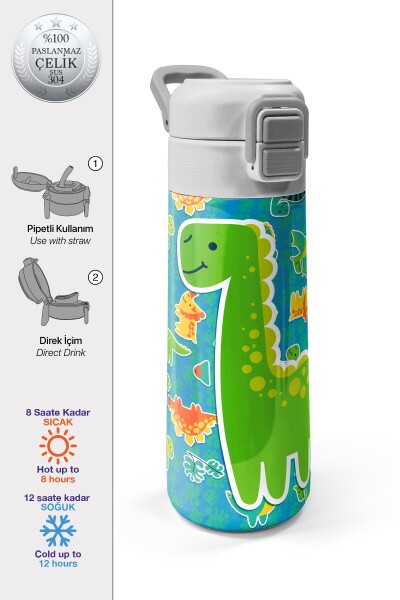Coral High Kids Mavi Yeşil Dinozor Desenli Pipetli ve Direkt İçim Çelik Termos 500 ml 31798 - 1