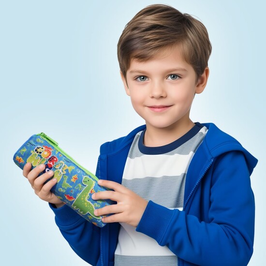 Coral High Kids Mavi Yeşil Dinozor Desenli Üç Bölmeli Kalem Çantası 22148 - 4