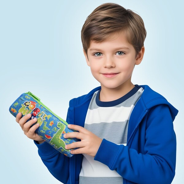 Coral High Kids Mavi Yeşil Dinozor Desenli Üç Bölmeli Kalem Çantası 22148 - 4