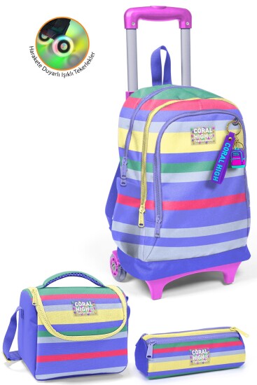 Coral High Kids Milka Gri Sarı Çizgi Desenli Çekçekli 3'lü Çanta Seti SET0134002 