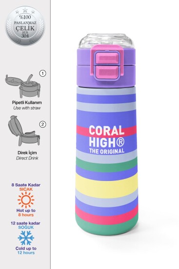 Coral High Kids Milka Gri Sarı Çizgi Desenli Pipetli ve Direkt İçim Çelik Termos 500 ml 38102 - Coral High