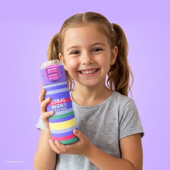 Coral High Kids Milka Gri Sarı Çizgi Desenli Pipetli ve Direkt İçim Çelik Termos 500 ml 38102 - 4