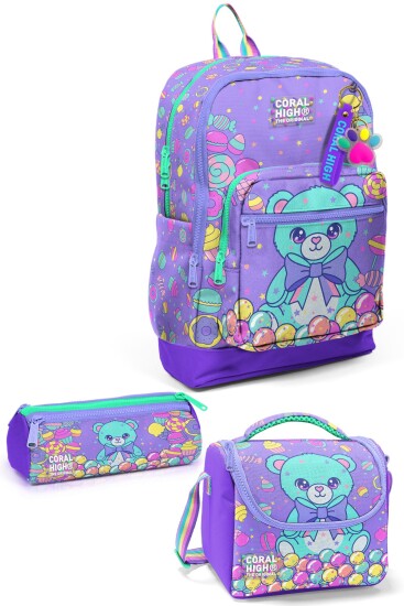 Coral High Kids Milka Şeker Ayıcık Desenli Desenli 3’lü Okul Çanta Seti SET0133205 